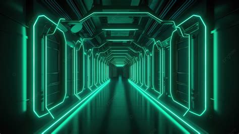 Hallway Lined With Green Neon Lights Background 3d Illustration Of