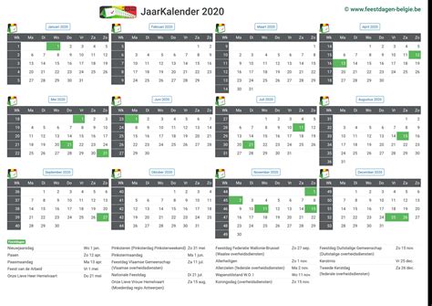 Die jahresplaner zum ausfüllen und ausdrucken kommen mit allerlei nützlichen features: Kalender 2020 Jaarkalender | Belgie Verlengde Weekends ...