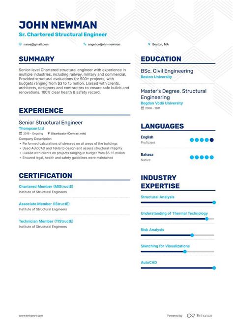 The engineering field is becoming more popular each year, but if you have the right resume, you can compete with the other experts. Structural Engineer Resume Examples | Do's and Don'ts for 2020 | Enhancv