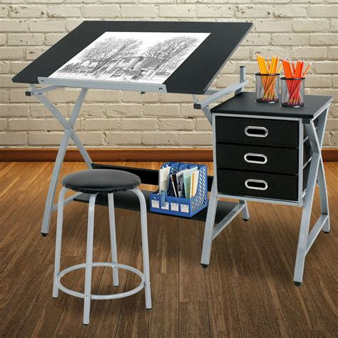 Zeny Adjustable Metal Drafting Table Desk W Stool And Drawers Walmart