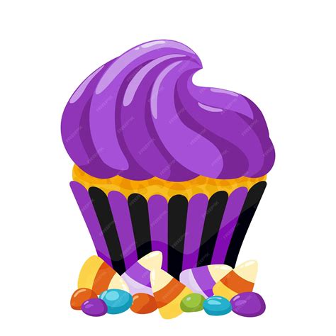 Premium Vector A Purple Cupcake With Candy And Candy Corn Decorated