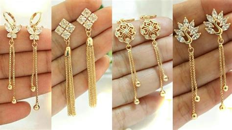 New Simple Fancy Long Gold Earrings Beautiful Gold With Daimond