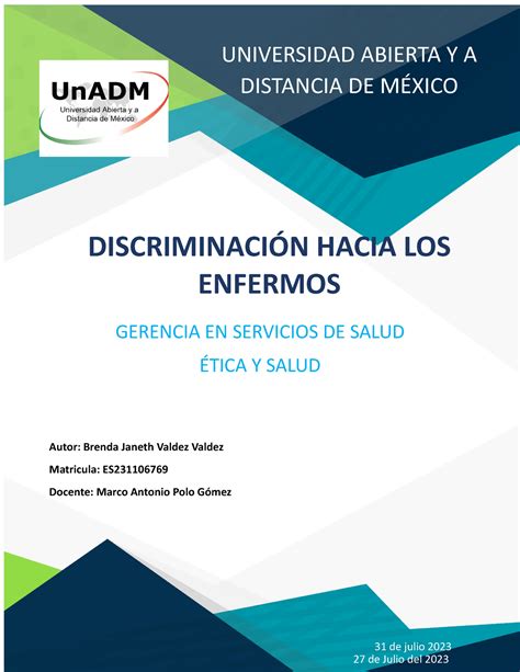 Hesa U1 A3 Etica Uni 31 De Julio 2023 Gerencia En Servicios De Salud Ética Y Salud Autor