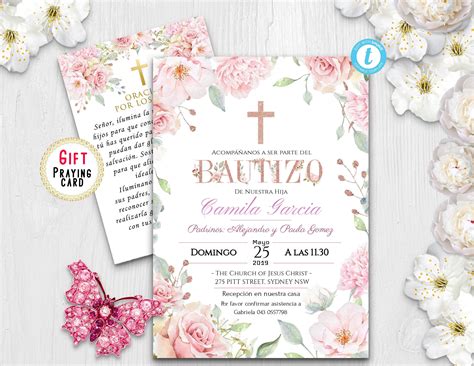 Bautizo Invitations Invitacione De Bautizo Niña Floral Rose Etsy