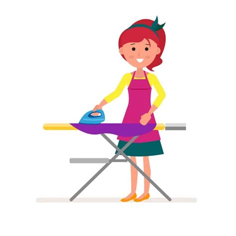 Happy Smiling Woman Housewife Character Ironing Clothes Vector Flat