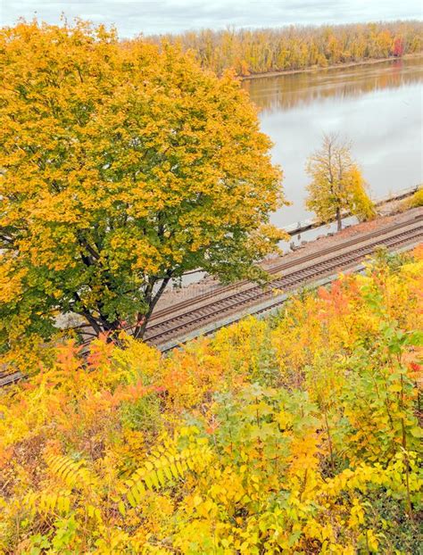 Railroad Train Tracks Hudson River And Autumn Trees Stock Image