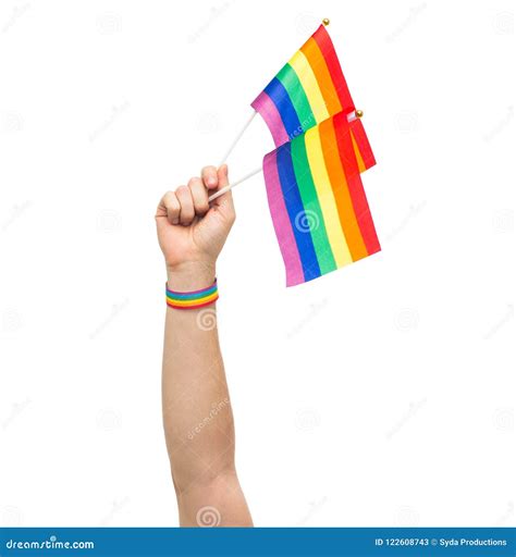 Hand With Gay Pride Rainbow Flags And Wristband Stock Image Image Of Concept Alternative