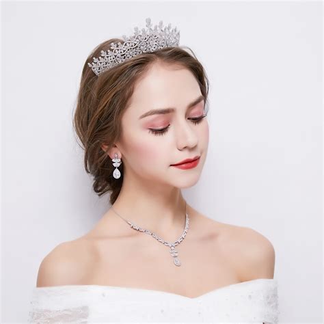 Luxury Cubic Zirconia Micro Paved Tiara Crown Wedding Jewelry Set Cz