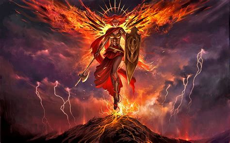 Hd Wallpaper Fantasy Women Angel Fire Wings Shield Lightnings