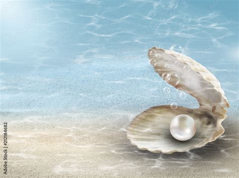 Pearl In Oyster Shell On Sea Sand With Underwater Ocean Ripples Stock
