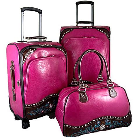 Fun Luggage Western Hot Pink Rhinestone Luggage Set Suitcase Duffle Bag W Wheel Pink Luggage