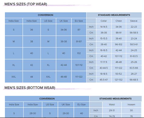 Size Chart Guide By Different Apparel Brands For Men And Women Apparel