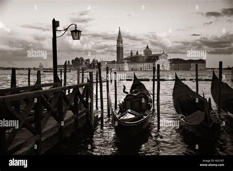 Gondola Park In Water And San Giorgio Maggiore Island In Venice Italy
