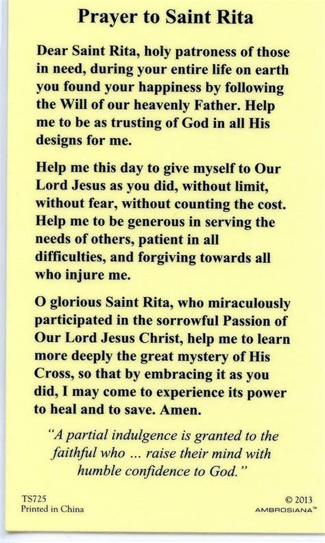 St Rita 1 Holy Card Prayer Card Pack Of 25 Etsy Prayer To St Rita