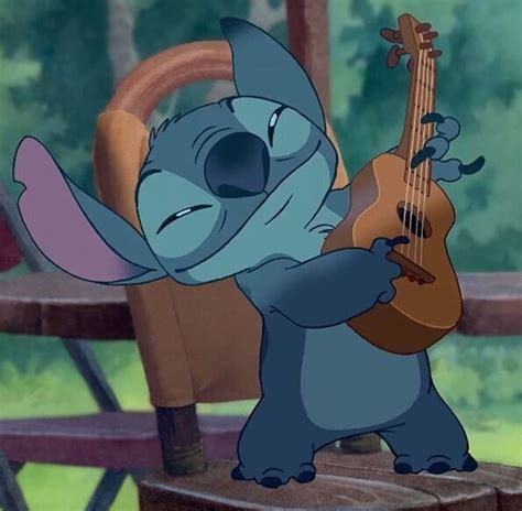 Stitch Is Playing The Guitar While Sitting On A Chair In Disney S Lili