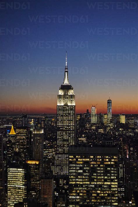 Elevated View Of Empire State Building At Night New York City Usa