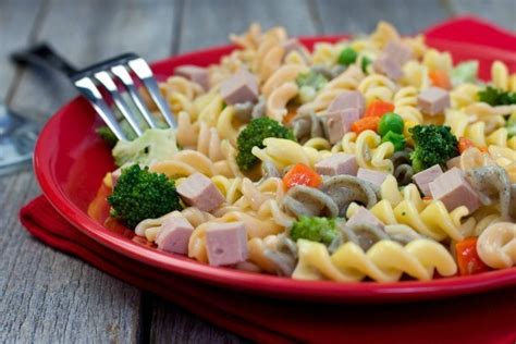 Easy pasta dish, easy pasta recipe, easy pasta dinner recipe, creamy pasta recipe, easy dinner idea, easy dinner recipe, pasta dish, pasta plated the stuffed chicken on top of the pasta, and topped it off with a nice little heap of the carmelized onions. Ham Pasta Salad Recipes | ThriftyFun