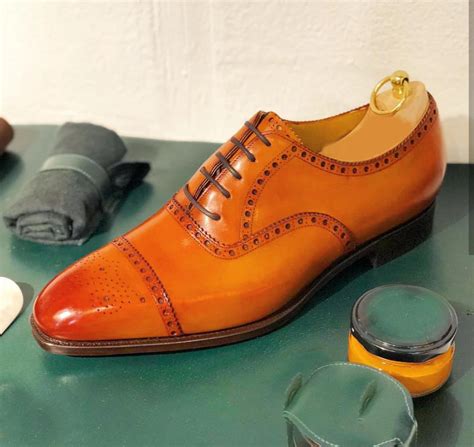 Handmade Mens Tan Color Leather Shoes Men Cap Toe Dress Formal Lace Theleathersouq Leather