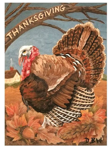 Aceo Original Acrylic Painting Thanksgiving Turkey Fall Autumn Leaves