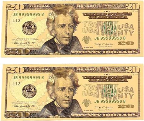 Blinkee Pack Of 2 Twenty Dollar Paper Money Bill 24k Gold Plated Fake Currency