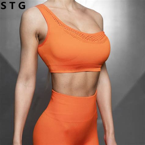 Sexy One Shoulder Yoga Bras Women S Seamless Sports Top Crop Fitness Gather Vest Push Up Running