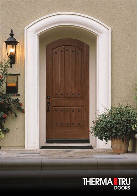 Arched 2 Panel Plank Soft Arch Stained Fiberglass Entry Door By Therma