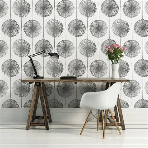 Muriva Dandelion Floral Silver Wallpaper J04209