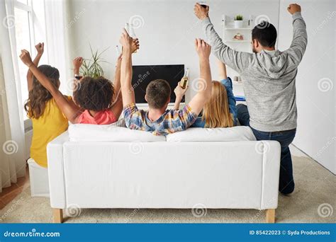 Happy Friends With Beer Watching Tv At Home Stock Image Image Of