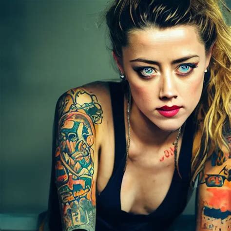 Amber Heard With Tattoos On Forehead In Orange Prison Stable