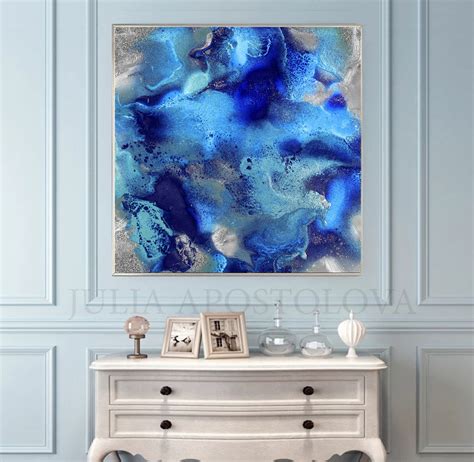 Large Abstract Art Navy Blue Painting Blue Silver Accents Etsy Blue