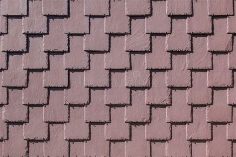 Red Rectangular Slate Shingle Tiles Texture On Roof Wall And Facade