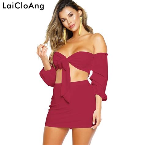 Laicloang Off Shoulder Strapless Sexy Two Piece Set Dress Women Bow Backless Sheath Mini Dress