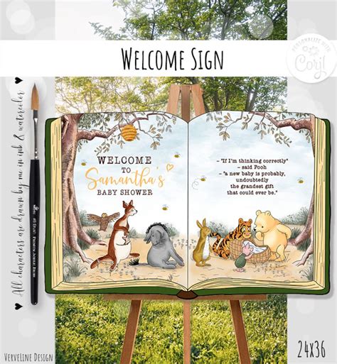 Editable Welcome Sign Classic Winnie The Pooh Open Book Baby Shower Boy