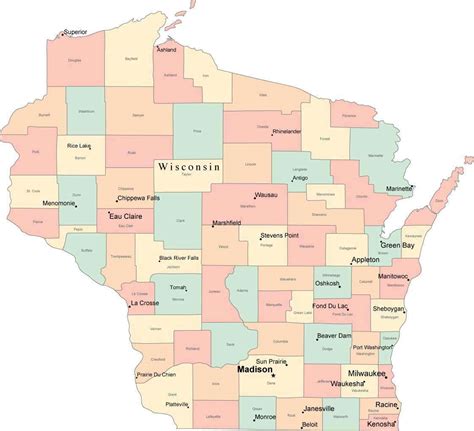 Multi Color Wisconsin Map With Counties Capitals And Major Cities