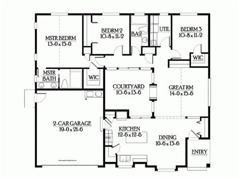 One level home plans are a great choice for the age in place concept. SMALL - 1552 sq ft, 3 bd, 2 ba - with central courtyard ...
