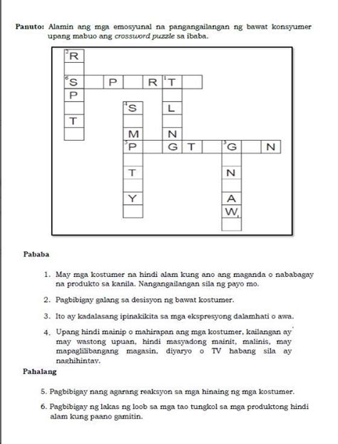 Panuto Buuin Ang Crossword Puzzle Sa Pamamagitan Ng Pagsagot Ng Tamang