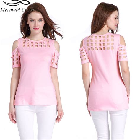 2018 Mermaid Curve New Fashion Spring And Summer Ladies T Shirt Block Out Round Collar Sexy