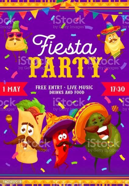 Fiesta Party Flyer Dessin Animé Personnages De Cuisine Mexicaine