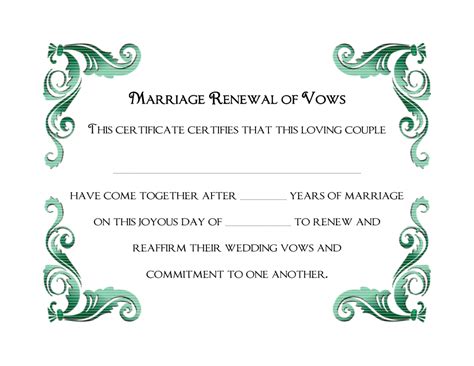 A Simple Green Frame Of Free Printable Wedding Vows Renewal Certificate