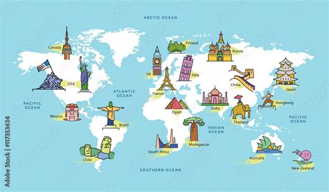 Vecteur Stock World Map With Famous Country Landmark Symbol Adobe Stock