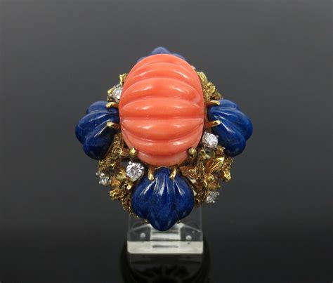 Vintage 080ct Diamond Natural Coral And Lapis Lazuli 14k Yellow Gold Dome Ring Ebay