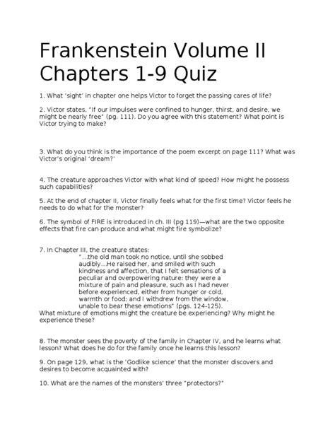 Frankenstein Vol 2 Quiz Pdf Frankenstein Metaphysics Of Mind