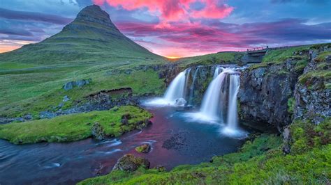 Waterfall Sunset Wallpaper And Background Image 1366x768