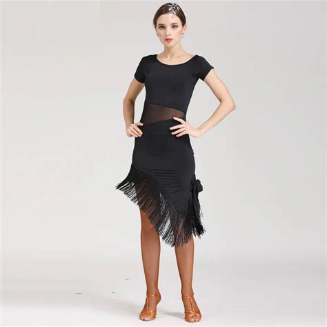 Free Shipping Sexy Black Short Sleeve Latin Dance Dress With Mesh On Waist Tassel Dress