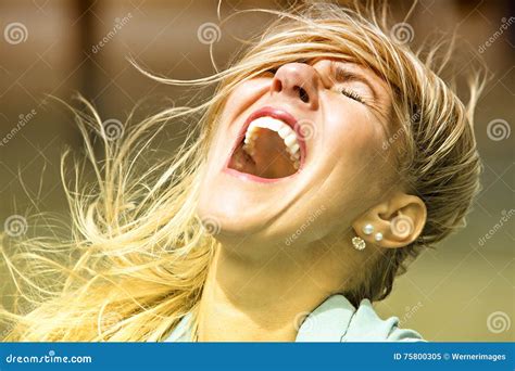 Portrait Of Laughing Woman With Her Eyes Closed Stock Image Image Of