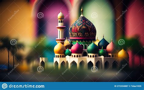 A Digital Painting Of A Colorful Mosque With A Dome And Minalis On The