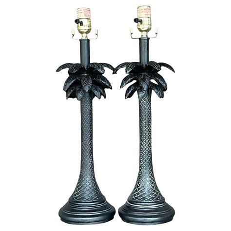 Vintage Late 20th Century Coastal Carved Wood Palm Tree Lamps A Pair