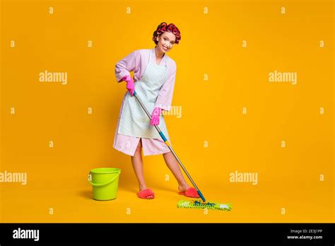Full Body Photo Of Positive Maid Girl Wash Floor Mop Wear Bath Robe Gloves Isolated Shine Color