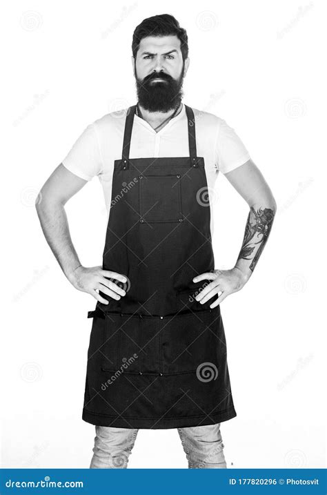 Man Brutal Bearded Hipster With Mustache Wear Apron Uniform Barbershop Staff Beard Grooming