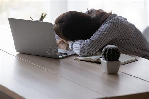 Exhausted Tired Office Worker Employee Woman Sleeping At Workplace